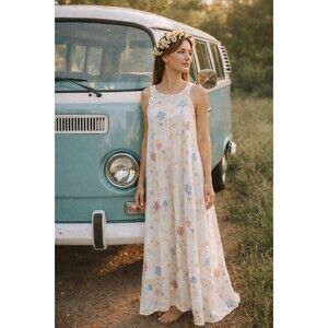 Vintage 70s Floral Maxi Dress Cottagecore Prairie Daisy Trim A Line White Boho